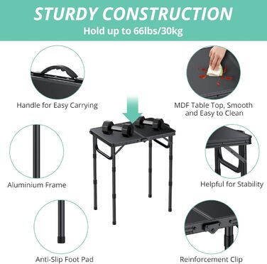 VINTEAM Стіл для пікніка та кемпінгу, регульована висота, складаний, 58x40 см