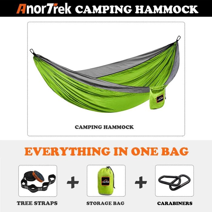 Гамак Anortrek Outdoor для 2 осіб, 300x200 см, до 249 кг, Ultraleicht, з ременями для дерев, дихаючий нейлон, для кемпінгу, подорожей, пікніків, садівництва, зелено-сірий