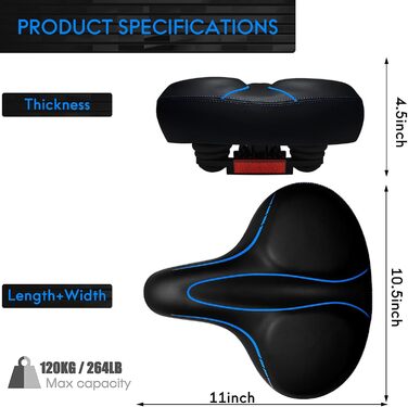 Широке велосипедне сідло Oversized для жінок та чоловіків. Комфортне, універсальне, водонепроникне сідло з світловідбивальною смугою. Підходить для Peloton, тренажерів, круїзерів, міських велосипедів. Чорний / білий (чорний / синій)