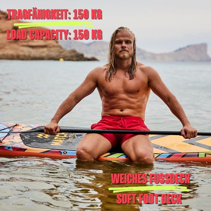 Надувна SUP-дошка MATCHU для плавання стоячи, комплект: рюкзак, ручний насос, еластичний ремінь на щиколотку, весло, ремонтний набір, навантаження до 150 кг, для 2 осіб, акумуляторна