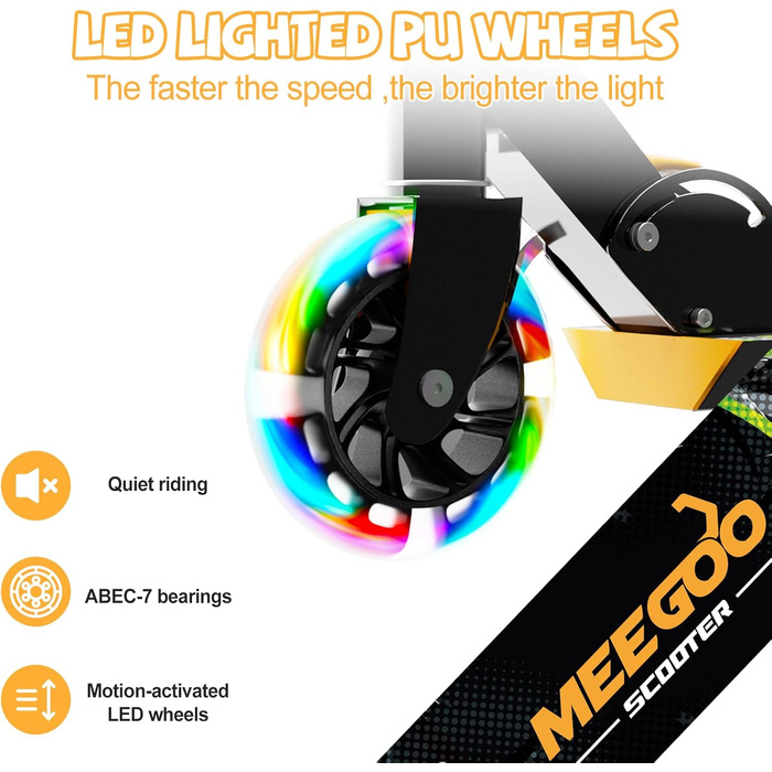 MEE GOO Роликовий самокат для дітей з алюмінію, складний, 3 регульовані висоти, LED колеса, чорний