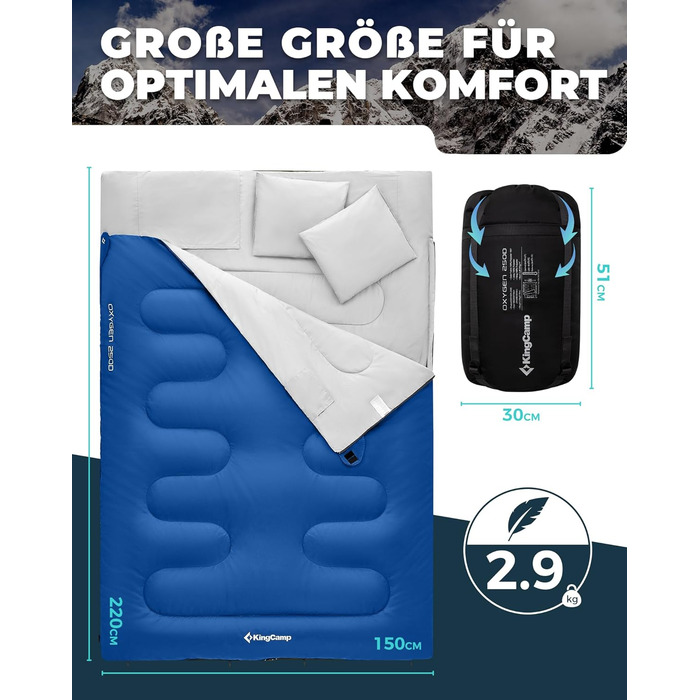 Сплячий мішок KingCamp для двох осіб, зимовий, для кемпінгу, блакитний. Зручний та теплий спальник для відпочинку на природі.