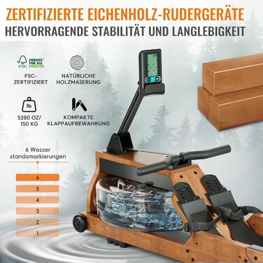 Водний тренажер Advamsoler для дому, складаний, з масивного дерева, Bluetooth-монітор, до 150 кг, R623-51-NEU