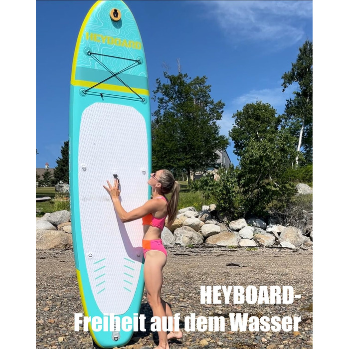 Надувне SUP Board HEYBOARD 320x81x15 см, комплект з рюкзаком, веслом, насосом, шнуром та знімною планкою, м'ятно-зелений