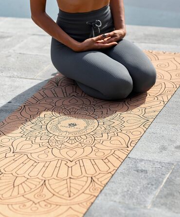 YOGALABS® Преміум 2-в-1 йога-мат із корка та натурального каучуку, 183×61×0,4 см, з ременем для перенесення, нековзкий, екологічний, для йоги, пілатесу та фітнесу, мандала