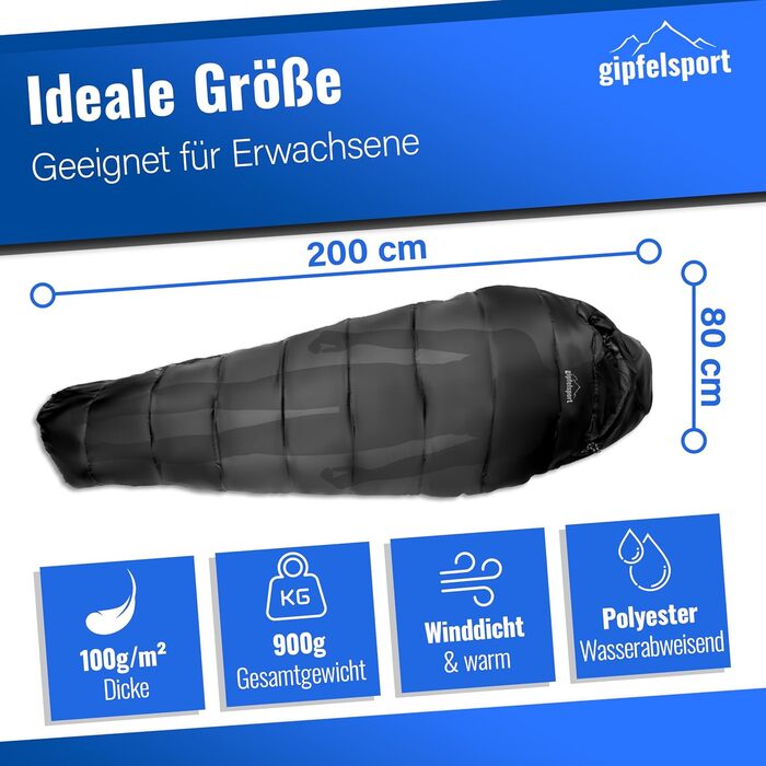 Сплячий мішок Gipfelsport Ultraleicht 4 сезони [-20°C - 15°C] | Ultralight, -5°C, для кемпінгу, трекінгу та подорожей (синій/чорний)