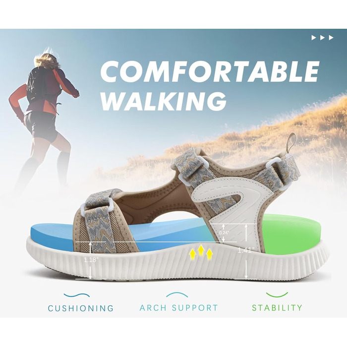 Жіночі трекінгові сандалії KuaiLu: зручні, ортопедичні, для туризму та відпочинку на природі. Легкі, з регульованою застібкою-липучкою, для літа, підходить при фасціїтісу. Колір: бежевий, розмір 39 EU.