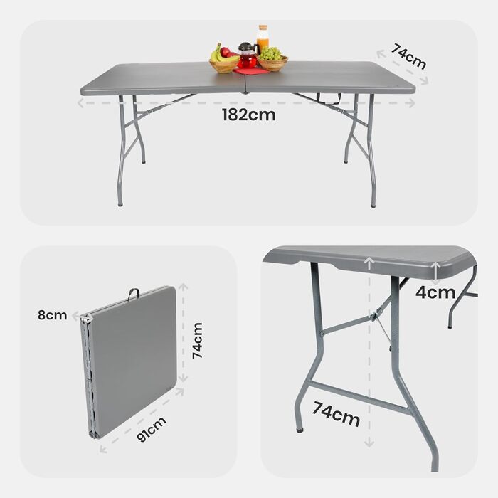 Складаний садовий стіл Arebos Buffettisch 182x74x74 см | Стіл для вечірки, відпочинку, кемпінгу | 8 осіб | Антрацит