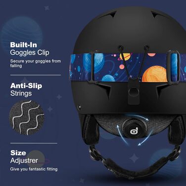 Дитячий гірськолижний шолом та маска Odoland, гірськолижний шолом для хлопчиків та дівчаток, регульований, чорний, з дизайном ракети (54-56 см)