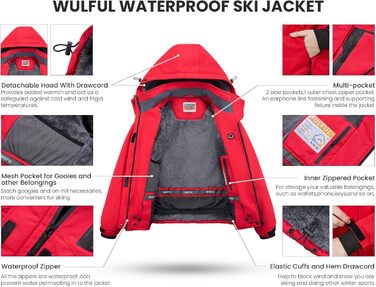 Жіноча водонепроникна куртка WULFUL для сноубордингу та лижного спорту, тепла зимова куртка з відстібною капюшоном (M, Червоний/Подорож, Однотонна (Getaway Solids))