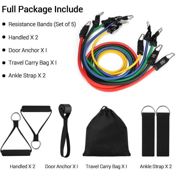 Набір еластичних стрічок для фітнесу, йоги та реабілітації: 5 стрічок, ручки, петлі для ніг та дверний анкер