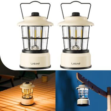 Linkind LED кемпінговий ліхтар з димером, 2 кольори, акумуляторна ретро лампа для кемпінгу 200 годин, портативна IPX4 для кемпінгу, надзвичайних ситуацій, намету, походу - 2 шт.