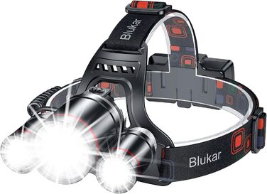 Ліхтар на голову Blukar LED 8000 Люмен, перезаряджається, Zoom, 5 режимів, червоне світло, IPX6, 90° регулювання, для кемпінгу, риболовлі, ремонту, чорний