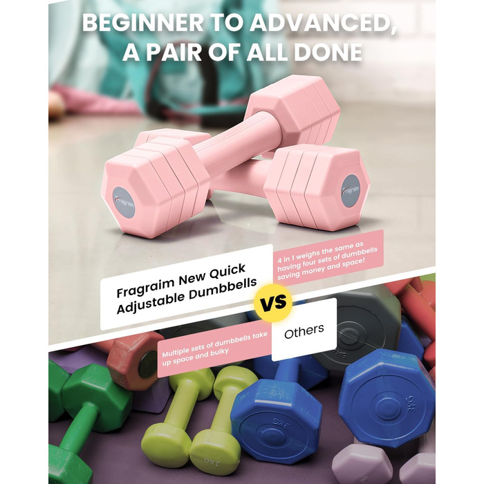 Набір гантелей Fragraim регульовані, 4.54 кг, 4-в-1, для жінок та чоловіків, з м'якими TPR-ручками, для дому, рожевий