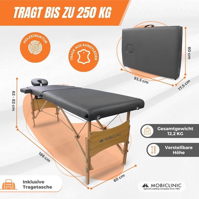 Складаний масажний стіл Mobiclinic CM-01 Light, дерев'яний, з сумкою, чорний, 186x60 см, європейська якість
