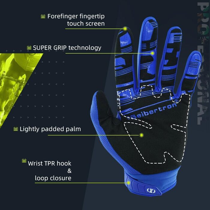 Рукавички велосипедні Seibertron Dirtclaw, напівпальці, гелеві, з амортизацією, антиковзкі, ударостійкі, для мотоцикла, BMX, MTB, спорту (Сині, XL)