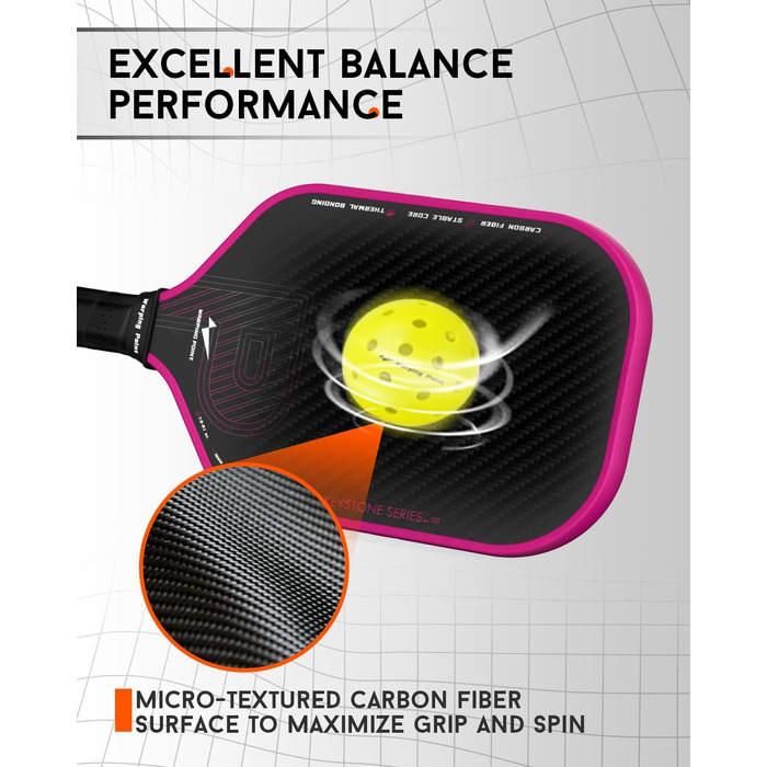 Ракетка для піклболу Warping Point Keystone з вуглецевого волокна, стільникове ядро 16 мм, цілісна рама, подовжена ручка для спіну та контролю, колір рожевий