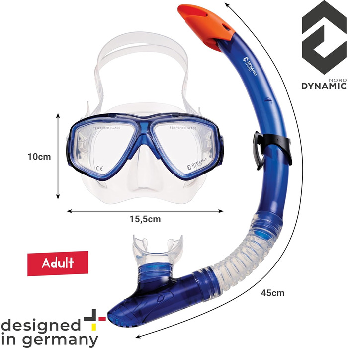 Набір для снорклінгу La Gomera Pro для дорослих - Німецький дизайн. Професійний набір для дайвінгу (подвійне маске, маска, сухий сноркель та сумка) з безпечним склом, блакитний