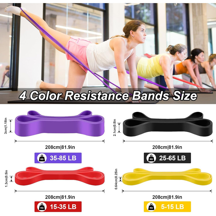 Фітнес гумки WuGU, набір з 4 рівнями опору, еластичні гумки для фітнесу, силових тренувань, йоги та пілатесу (фіолетовий, чорний, червоний, жовтий)