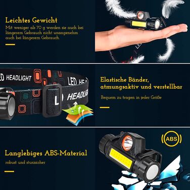 CREADY® Налобний ліхтар LED, перезаряджуваний USB | Налобний ліхтар з регульованим кутом та вологозахистом | Для походів, велоспорту, дітей