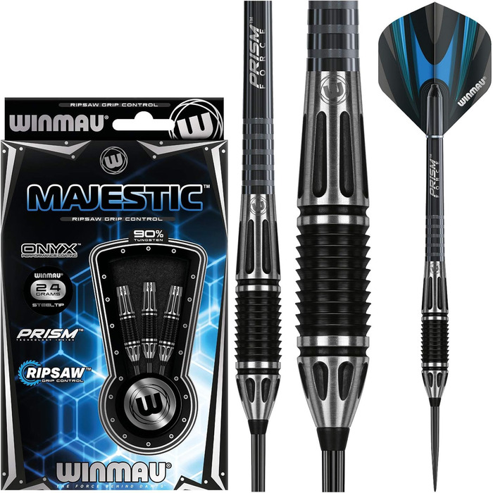 Дротики WINMAU Majestic Profi з вольфраму для дартсу зі сталевим наконечником, набір з оперенням і стрижнями