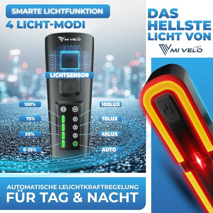 Набір велосипедних ліхтарів MIVELO з акумулятором, сертифікований StVZO, USB-зарядка, водонепроникність, передній та задній ліхтар, клас енергоефективності A+++ SMART Ultimate з гальмівним ліхтарем