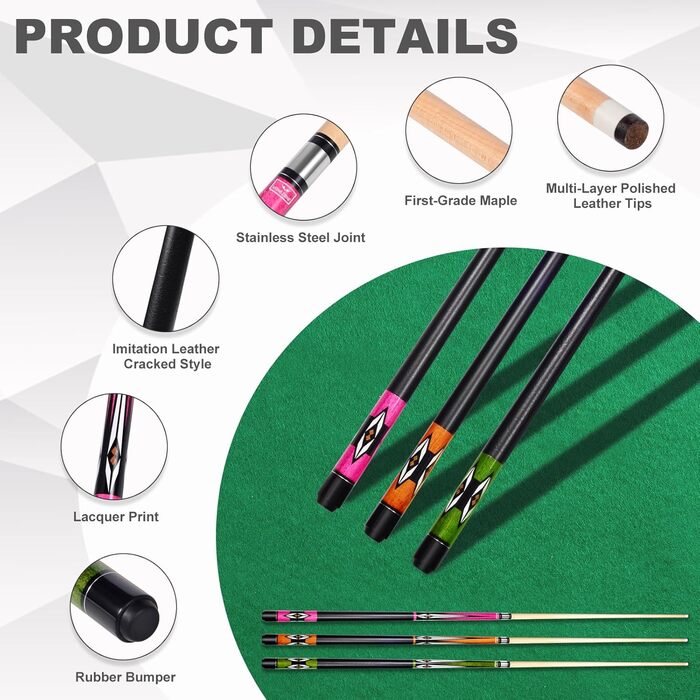 Pool-Queue Vonezone: Професійний кий для більярду з жорстким кейсом, 147.3 см, рожевий/помаранчевий/зелений