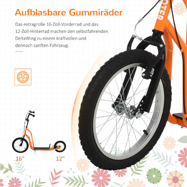 Дитячий самокат HOMCOM від 5 років Kick Scooter City Scooter з пневматичною шиною 16 дюймів Передній 12 дюймів Задній Помаранчевий 135x58x88-94 см