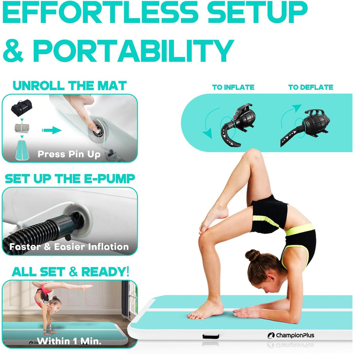 Гімнастичний надувний мат Track 5м з електричним насосом, для йоги, кемпінгу, фітнесу та спорту, двостороння м'ятно-зелена 300x100x10см