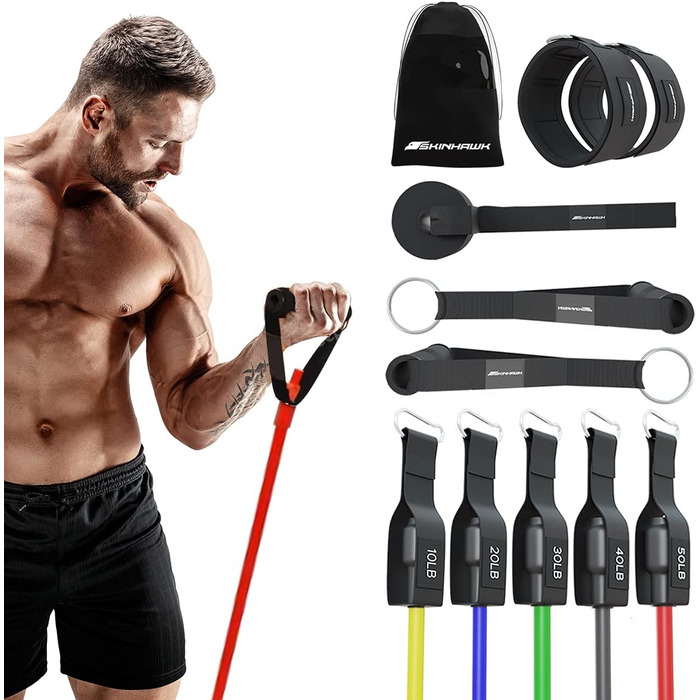 Стрічки для фітнесу SKINHAWK Premium: 5 еластичних стрічок, набір для тренувань з ручками, манжетами, сумкою та кріпленням для дверей. До 150lbs.
