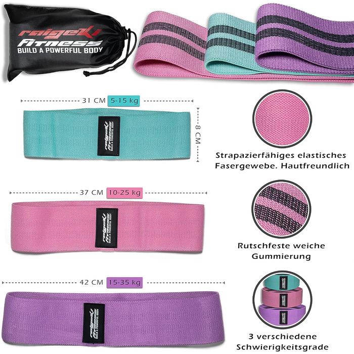 Стрічки для фітнесу Raigeki Fitness: набір з 3 шт. для силових тренувань, стегон та сідниць (Loop Resistance Bands)
