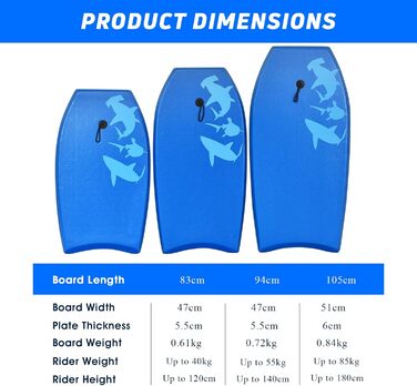 Дошка для плавання HOMASIS з ручкою, антиковзна XPE+HDPE, серфборд із малюнком акули, для дітей і дорослих, синя