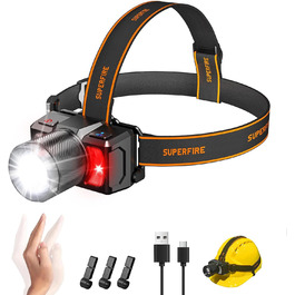 Ліхтар на голову SuperFire LED з датчиком, 7000 люмен, IP43, червоне/біле світло, регулювання 45°, кріплення на шолом, для риболовлі, ремонту, активного відпочинку (8 режимів, зарядка Type-C) чорний