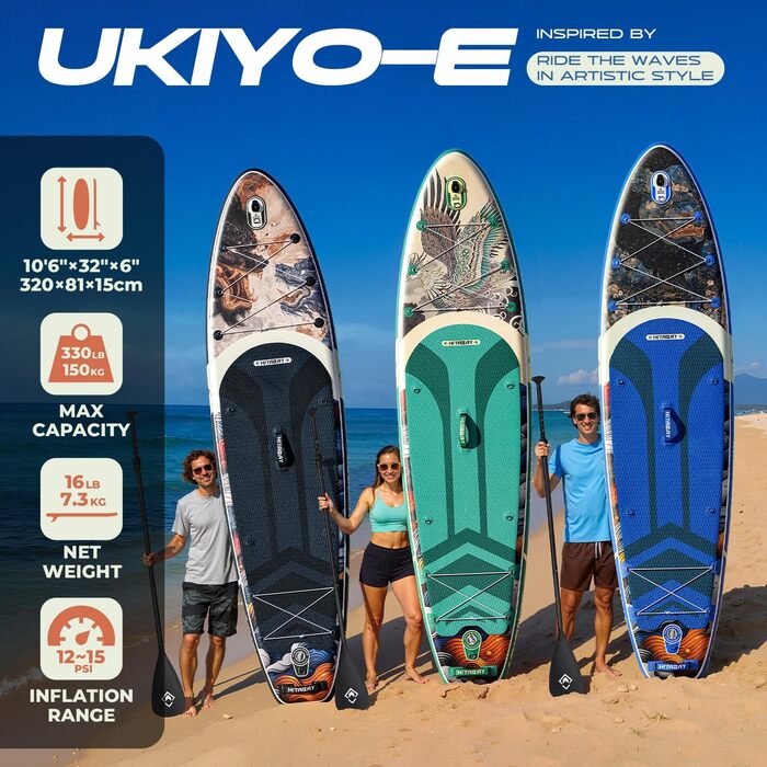 Надувний SUP Борд для дорослих з аксесуарами та кріпленням для камери, 320x81x15см, 10'6', вантажопідйомність 150кг, чорний