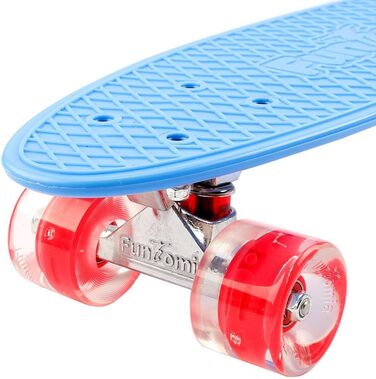 Скейтборд FunTomia Mini-Cruiser 57 см з LED підсвіткою, алюмінієвими траками ABEC-9 та T-інструментом, блакитний з червоними колесами