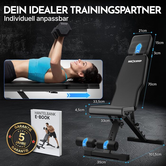 Hantelbank NEOLYMP для дому, до 450 кг, складна та регульована, карбоновий дизайн, 72 положення, з Ebook та доступом до додатку - ідеально для жиму лежачи та силових тренувань