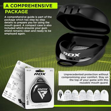 Капа для захисту зубів RDX для бойових видів спорту, MMA, кікбоксингу, хокею, футболу, м'яку рукавичку, регбі. Зручна коробка для зберігання. Для дорослих (від 12 років). Чорний колір.