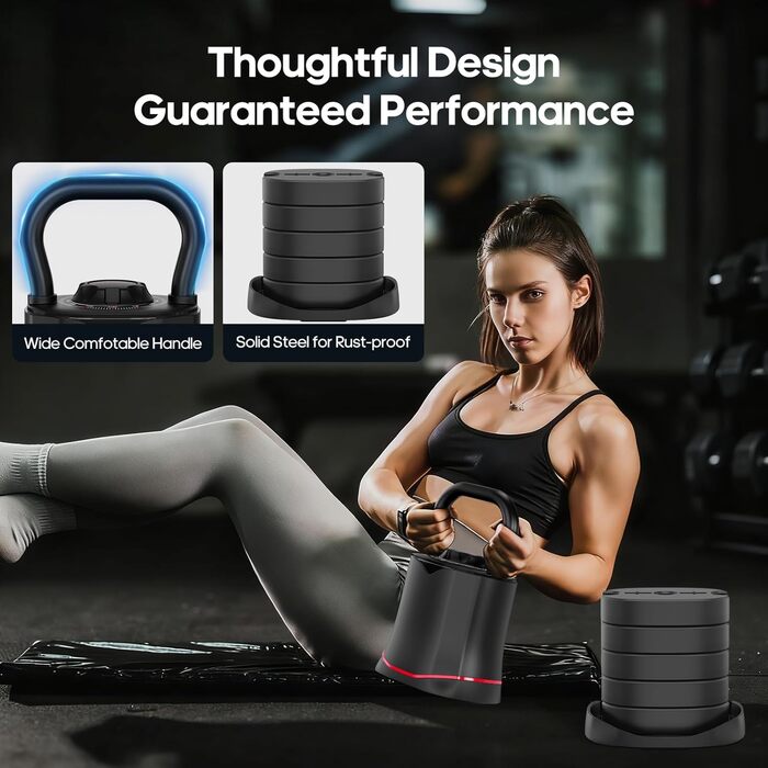 Кетлбел HXD-ERGO 6-в-1 регульований (3-18 кг) з швидкою зміною ваги, широким грифом, компактний для дому та тренажерного залу (чорний/червоний)