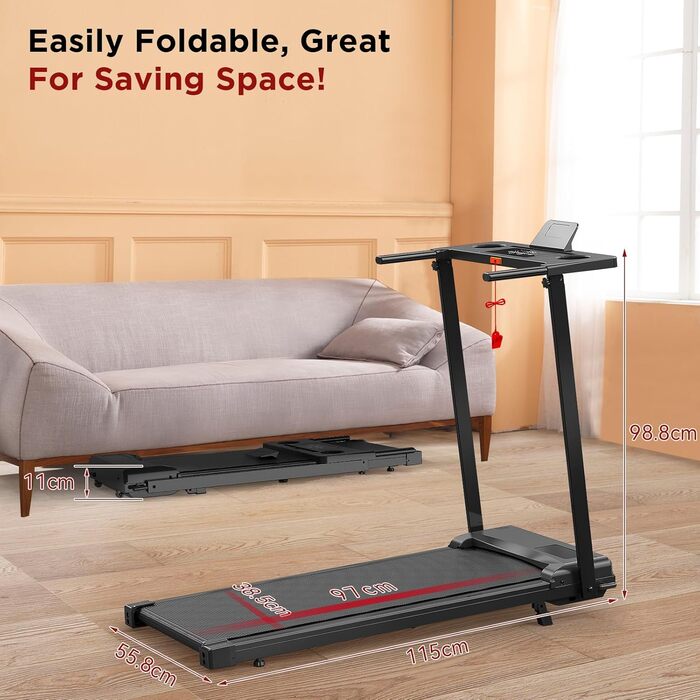 Складане бігове полотно для дому з нахилом 5°, портативне, 8 км/год, 2.5 PS, з ручками, LED-дисплей, тримач для напоїв, 2 в 1