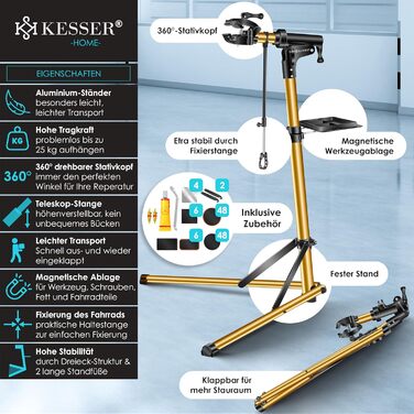 Підставка для велосипедів KESSER® Profi Alu: Ремонт, обслуговування, 360° обертання. Підходить для гірських, електровелосипедів та звичайних велосипедів. В комплекті сумка, набір для ремонту та магнітний органайзер для інструментів.