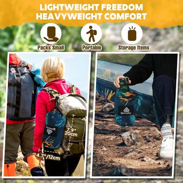 Гамак для кемпінгу NATUREFUN Ultraleicht | 300 кг, 275 x 140 см | Дихаючий, швидковисихаючий, нейлон | 2 карабіни, 2 петлі | Для відпочинку вдома, на природі, в саду
