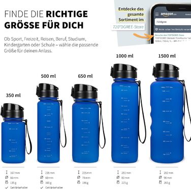 Бутилка для води 720°DGREE uberBottle 650 мл SoftTouch з фруктовим контейнером, тритановий, BPA-free, для дітей, школи, спорту, фітнесу, синя, ударостійка, не протікає