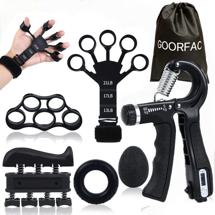 Тренажер для рук та пальців Goorfa Handtrainer (6 шт.) – Розвиток сили хвата, регульований тренажер для передпліччя, чорний