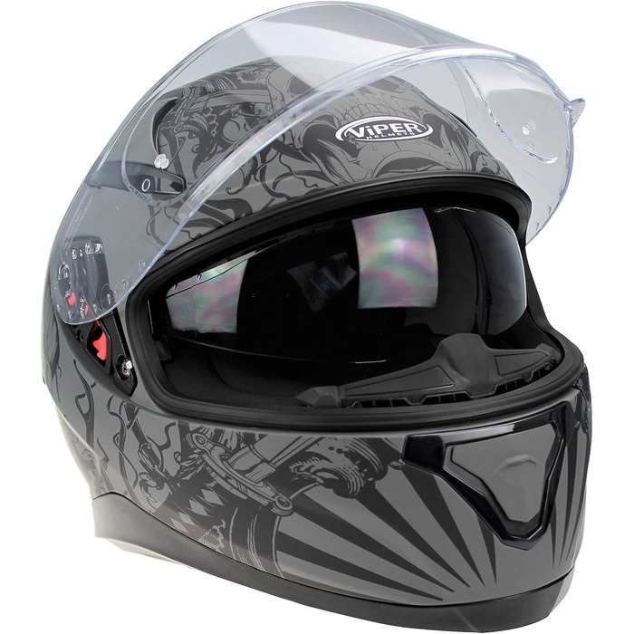 Мотошолом ViPER RSV95 повнолицевий, ECE ACU, з висувним сонцезахисним козирком, унісекс, матовий чорний, XL, Skull Grey