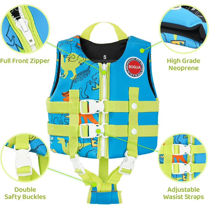 Дитячий жилет для плавання Boglia з регульованим ремінцем безпеки, блакитний динозавр, 1-9 років