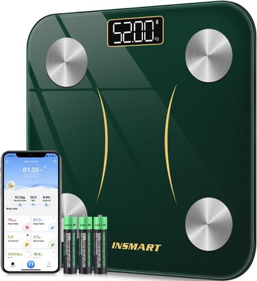 INSMART електронна вага для тіла, аналізатор жиру, Bluetooth, з додатком, вимірювання BMI, м'язової маси, води, BMR, зелена