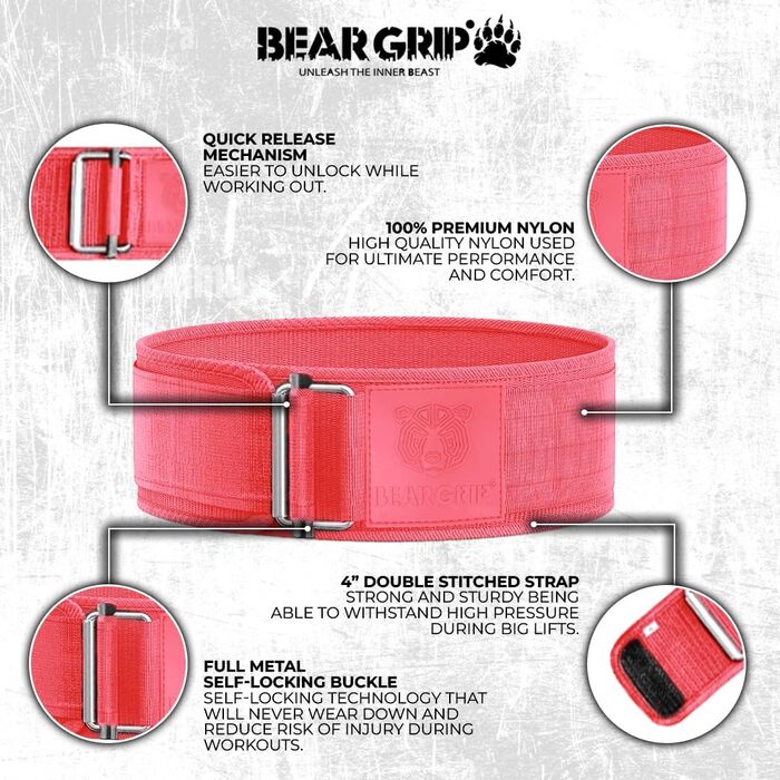 Пояс для важкої атлетики BEAR GRIP, самозамикальний, преміум, для кросфіту, пауерліфтингу та бодібілдингу, для чоловіків і жінок, розмір M, рожевий