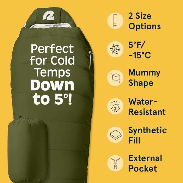Спальний мішок Retrospec Dream 5°C, Мумія, для кемпінгу, Wacholder, Long