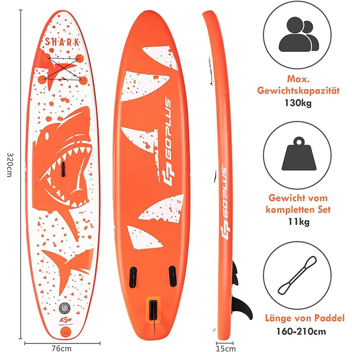 Надувна SUP-дошка RELAX4LIFE 320/335×76×15 см з веслом, ременем безпеки, насосом, рюкзаком, набором для ремонту та 3 плавниками, для початківців і професіоналів