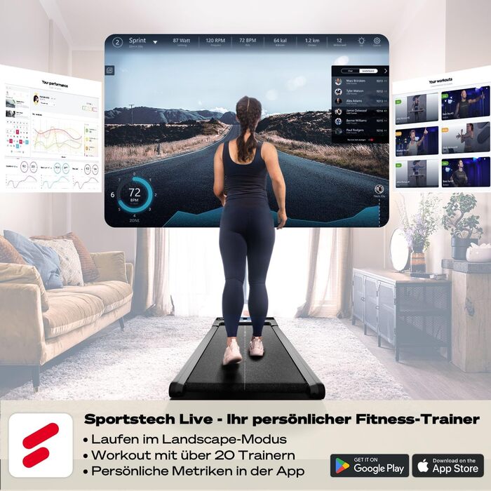 Бігова доріжка Sportstech sWalk Lite/Plus для дому, компактна, з ручним нахилом, до 12 км/год, LED, додаток, пульт